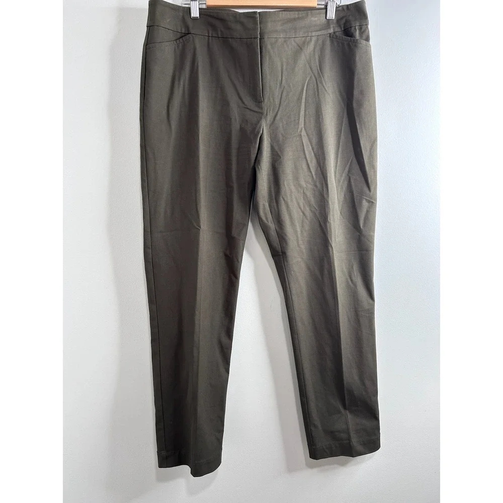 Eileen Fisher Womens Olive Brown Organic Cotton Stretch Straight Leg Pants Sz L